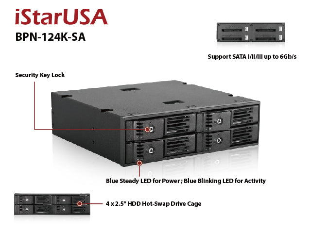 BPN-124K-SA 5.25" to 4 x 2.5" SATA 6Gb/s Trayless Hot-Swap Cage